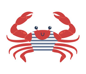 Cute crab sailor in a vest. Childrens cartoon character. Pirate adventures. Vector illustration in flat style. For stickers, posters, postcards, design elements.