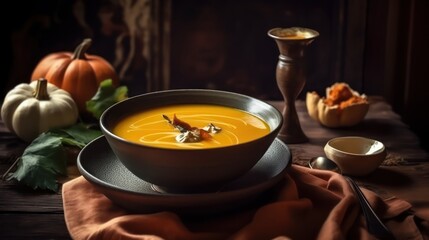 Pumpkin soup served on the table in bowl,Soup for spring season   - obrazy, fototapety, plakaty