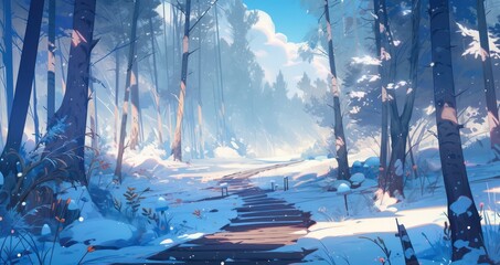 Snowy winter storm landscape in digital art painting style wallpaper background 