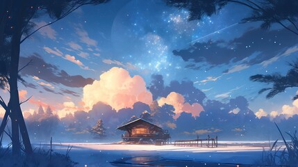 Winter season landscape with beautiful sky in anime digital painting art style 