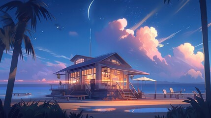 Starry night sky with beautiful sea in anime digital painting art style 
