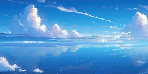 summer blue ocean with clear blue sky illustration in anime background style,Digital art painting style  - obrazy, fototapety, plakaty
