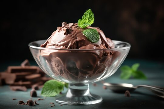 Tasty chocolate ice cream with mint in glass 
