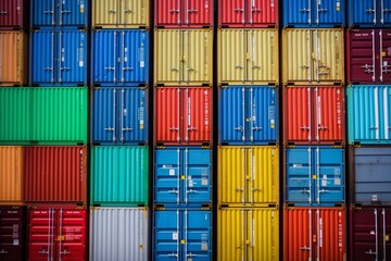 Stacked colorful cargo containers on ships for ocean transport. Generative AI