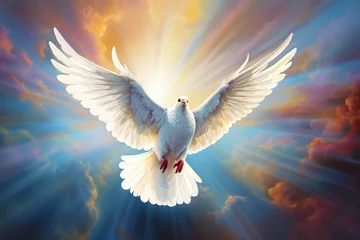 Tuinposter bright light peace dove flying. Generative AI © Emrys