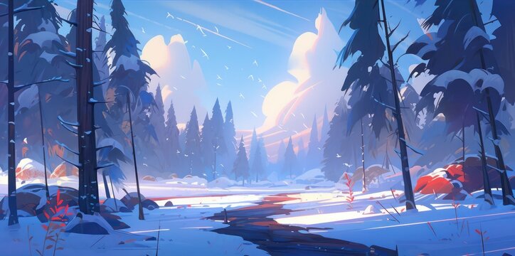 Winter snowy landscape,Beautiful winter landscape in digital art painting illustration style 