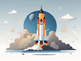 Fototapeta premium Rocket on the Moon Flat Vector Illustration
