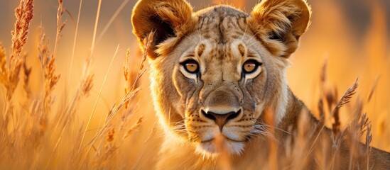Gorgeous lion named Caesar in Masai Mara Kenyas golden grass - obrazy, fototapety, plakaty