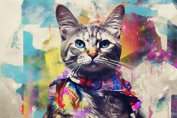 Artistic digital collage with a modern, trippy design featuring a fashionable feline character against a creative background. A vertical banner. Generative AI
