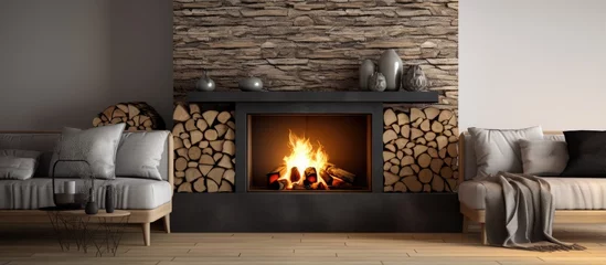 Foto op Plexiglas Cozy living room with decorative fireplace and stacked wood © 2rogan