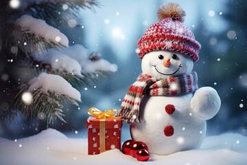 snowman with boxes of gifts in forest by Christmas tree. Greeting card for celebration of new year