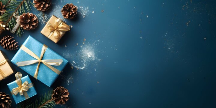 Christmas concept, top view photo, blue background with copy space, gift boxes, pine cones, Generative AI.
