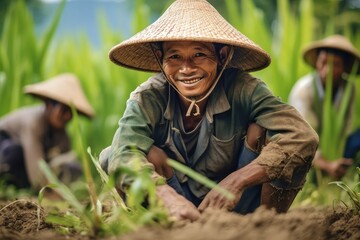 Smiling Farmer Asia village people planting rice in a field ,Generative AI. - obrazy, fototapety, plakaty