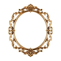 Antique carved gilded oval shape frame isolated on transparent background. Vintage golden rectangle frame for photo, Artistic gold frame with curved shapes, Decorative vintage frame and border