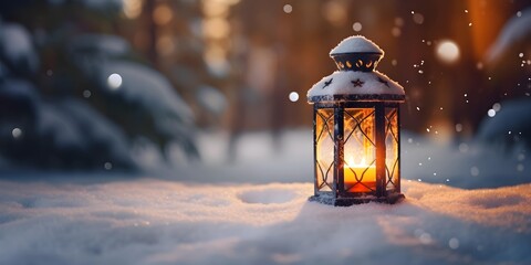 Christmas lantern on the snow. Winter season background and copy space. Generative AI. - obrazy, fototapety, plakaty