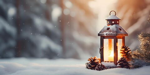 Christmas lantern on the snow. Winter season background and copy space. Generative AI.