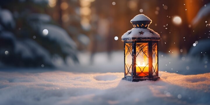 Christmas lantern on the snow. Winter season background and copy space. Generative AI.