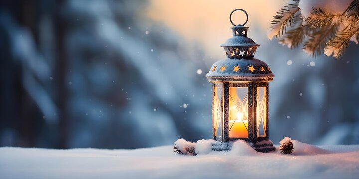 Christmas lantern on the snow. Winter season background and copy space. Generative AI.