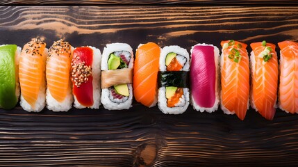 Background of many sushi such as salmon and tuna. Generative AI.