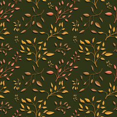 Seamless pattern with branches and leaves in autumn colors.