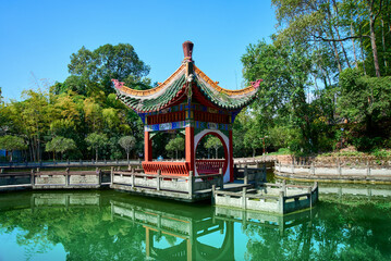 Fototapeta premium Pavilion at Jinping Mountain Lotus Pond, Langzhong Ancient City, Sichuan, China