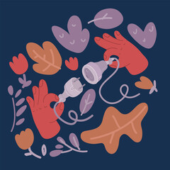 Cartoon vector illustration of handling by hand of plugs. Turn off and on. Put out the light