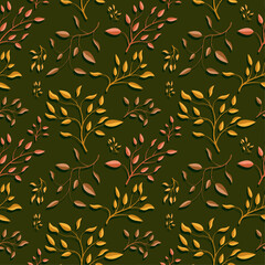 Seamless pattern with branches and leaves in autumn colors.