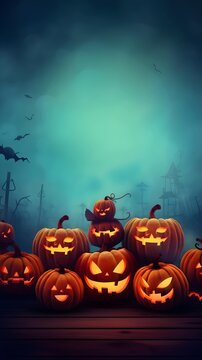 Happy Halloween background. Halloween banner background concept for holiday event. Halloween pumpkin. Halloween pumpkins and bats. Copy space. Generative AI.