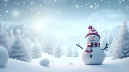 Background with snowman and copy space. A snowy landscape. Christmas concept. Generative AI.