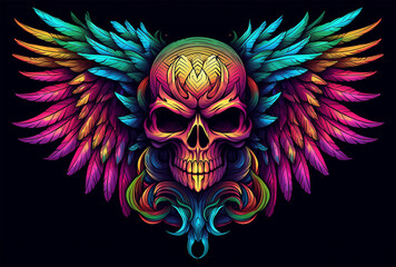 Colorful skull with neon wings, t-shirt desin