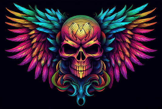 Colorful skull with neon wings, t-shirt desin