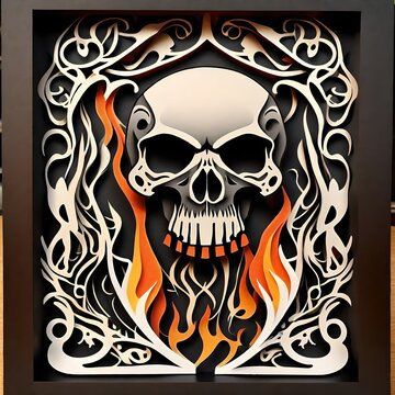 an image of a skull and flames fire shadowbox 
