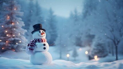 Background with snowman and copy space. A snowy landscape. Christmas concept. Generative AI.