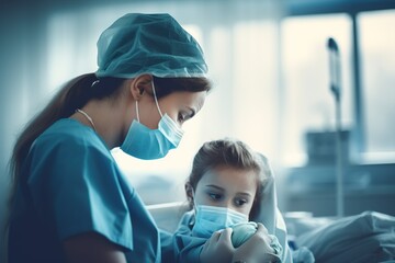 a young nurse in a pediatric ward gently comforting a child with a blue disposable face mask, soothing, warm hospital room