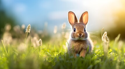 Background of rabbits in the field, copy space. Generative AI.