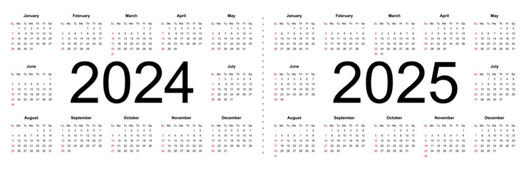 Calendar 2024, 2025. Week starts from Sunday, business template. Isolated vector illustration on white background.