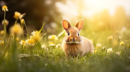 Fototapeta na wymiar Background of rabbits in the field, copy space. Generative AI.