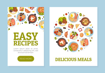 Different Food Banner Design with Tasty Dish Served on Plate Vector Template