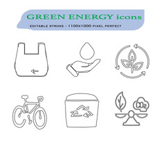 Green City Line Editable Icons set. Vector illustration in modern thin line style of eco related icons: CO2 neutral, zero waste, use bike, green energy, air and water quality. Isolated on white. 