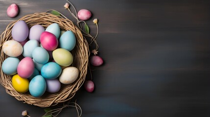 Easter background. Colorful eggs and bird's nest with copy space. Generative AI.