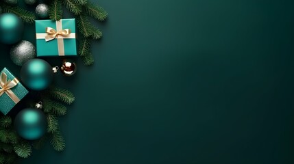 Christmas concept, Top view photo, green background with empty space, Christmas presents and Christmas tree ornaments Generative AI.
