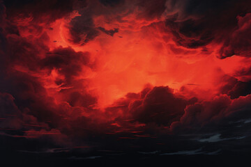 Red dark sky in the sky with clouds. Bright red sunset. horror concept. - obrazy, fototapety, plakaty