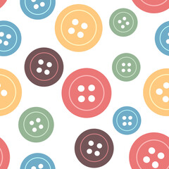Button seamless pattern. For printing on paper or fabric. Raster allover print with colorful buttons on white background.  Crafting hobby