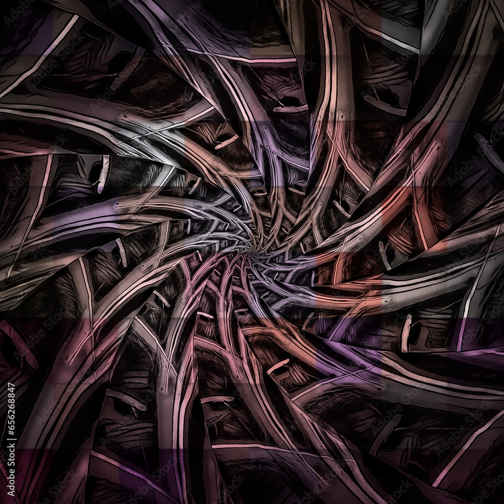 Poster many nested arms in black rust and purple coloured dark spirals
