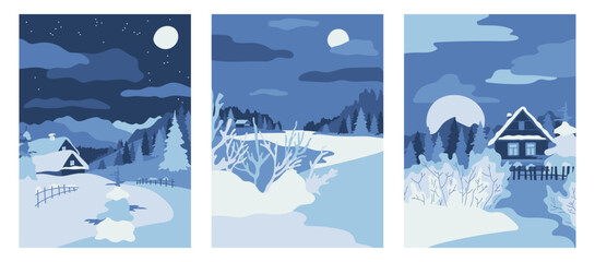 A set of three simple winter rural landscapes in blue tones. Design elements for cards, covers, posters, flyers, showcases, seasonal decor