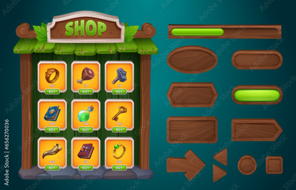 Poster wood game shop ui interface with button frame. wooden store box gui item with 2d user navigation arr