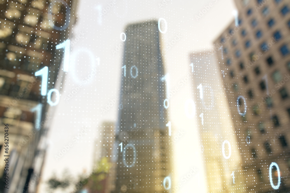 Aufkleber abstract virtual binary code hologram on modern architecture background, ai and machine learning con