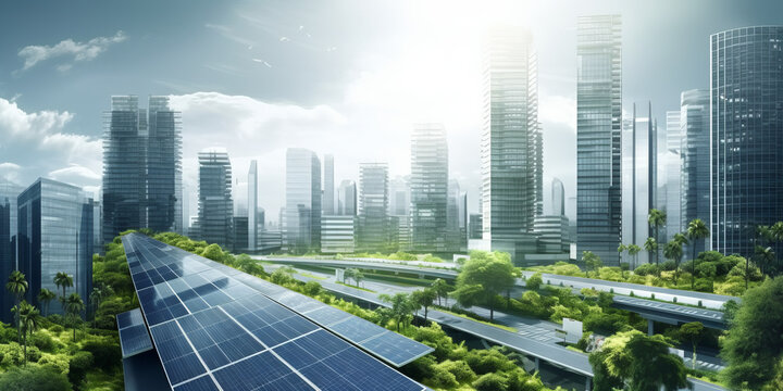 Ecological energy renewable solar panel plant with urban landscape landmarks generative ai
