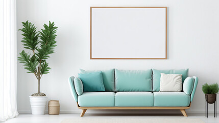 Teal sofa and big mockup poster frame