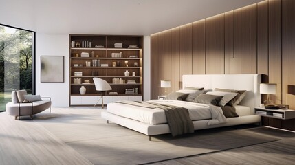 Fototapeta na wymiar A serene scene capturing the tranquility of a contemporary-style bedroom with clean lines, integrated storage, and smart technology, allowing space for text. AI generated